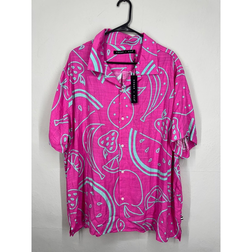 NWT Edgar + Ash Hawaiian Shirt Mens 2XL Pink Print Camp Collar Vacation Party